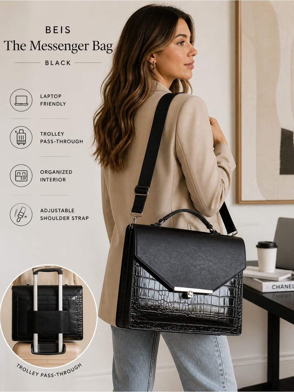 BEIS Black Leather Croc Embossed Padded Laptop Bag with Shoulder Strap